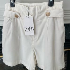 Zara High Waisted Linen Shorts with Gold Button Accents